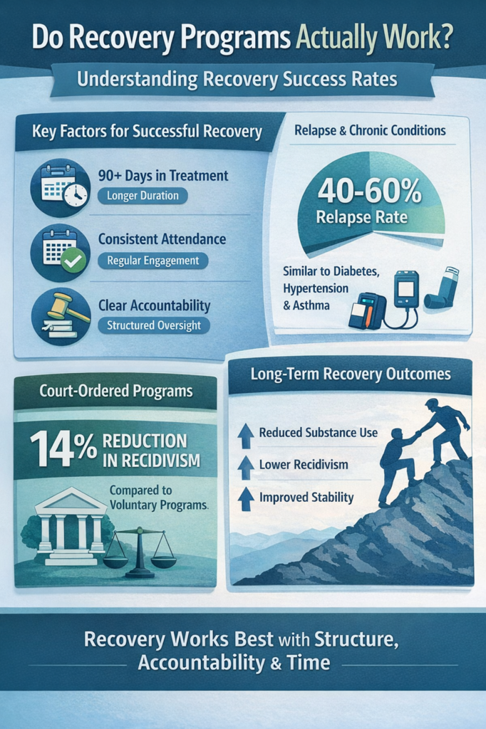 Statistics on key factors for successful addiction recovery even if attendance is court ordered. Outcomes of long-term recovery. 